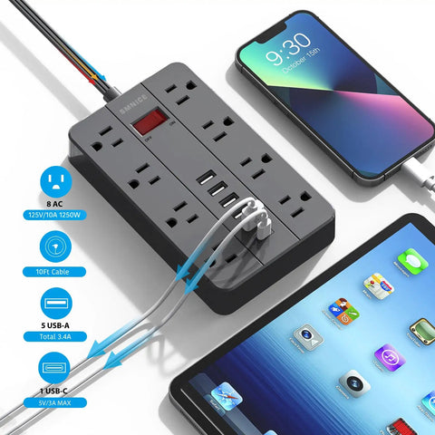 Ten Foot Extension Cord Power Strip With Eight Widely Spaced Outlets And Six USB Ports Including One USB C Flat Plug