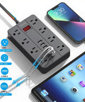 Ten Foot Extension Cord Power Strip With Eight Widely Spaced Outlets And Six USB Ports Including One USB C Flat Plug