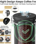 Airtight Stainless Steel Coffee Canister With Window 22 Oz Pantry Storage with one-way valve, strong clasp, and sealed silicone strip.