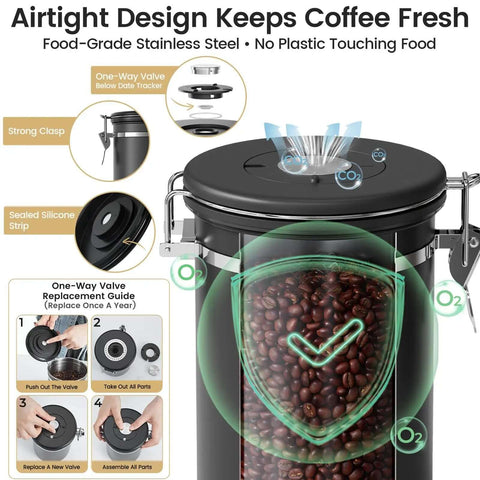 Airtight Stainless Steel Coffee Canister With Window 22 Oz Pantry Storage with one-way valve, strong clasp, and sealed silicone strip.