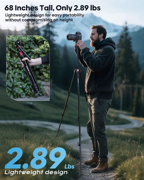 Using 68 Inch Fluid Head Camera Tripod For DSLR Camcorders Binoculars Spotting Scope Telescopes Travel Ready Lightweight Aluminum Legs With Smooth Fluid Motion 8.8 Lb Max Load Stability Ideal For Video And Wildlife in nature.