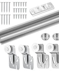 72 Inch By-Pass Closet Track Kit for Sliding Doors with brass-plated pulls, offset rollers, and screws in galvanized steel.