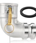 Aluminum Cam and Groove Hose Fitting 2 Inch Female to 2 Inch Male 90 Degree Elbow Camlock Built Tough Industrial Grade Liquid Transfer Coupling for Hydraulic Oil Refrigeration Oil Water 225 PSI close-up view with gasket