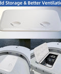White Rectangle Boat Hatch Lid 24 By 14 Inch Deck Access Door Cover For Bass Boat John Boat Fishing Skiff Sailboat Yacht And RV Camper Van Durable Weatherproof Two Pack shown on boat deck with storage.