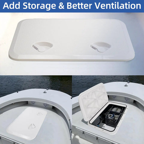 White Rectangle Boat Hatch Lid 24 By 14 Inch Deck Access Door Cover For Bass Boat John Boat Fishing Skiff Sailboat Yacht And RV Camper Van Durable Weatherproof Two Pack shown on boat deck with storage.