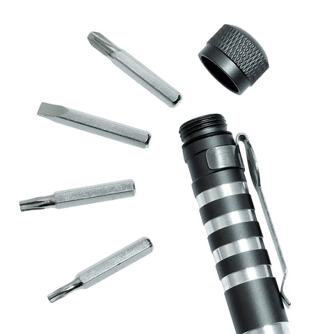 4.8 Inch Magnetic Bit Driver With Built In Bit Storage And Aluminum Body, Knurled Grip, Pocket Clip, Includes T6 T8 T10 Phillips Slotted Bits