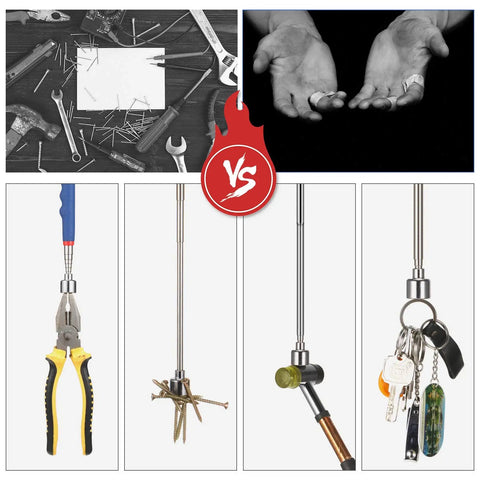 Extendable Magnetic Pickup Tool With 20 Lbs Lift 30 Inch Telescoping Magnet Stick holding various tools and keys in garage