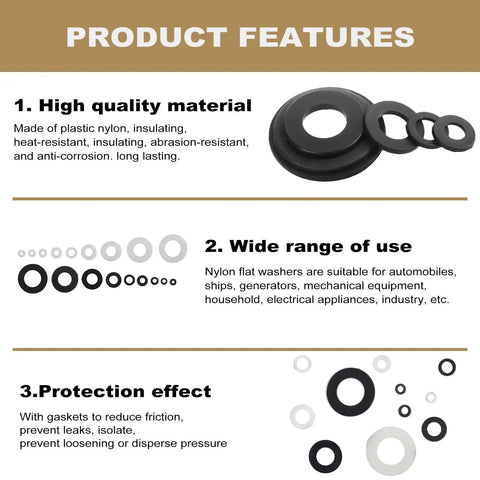 Product features of 420 Piece Nylon Flat Washer Set in black and white showcasing durability and usage for various assemblies.