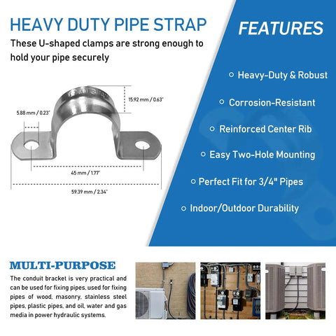 Heavy Duty Three Quarter Inch Flexible PVC Conduit Kit Pro Grade Easy Install With Thirty One Pieces Including Ten Couplings Ten Elbows And Ten Straps UV Resistant UL Listed Gray For HVAC And Refrigeration Installations, showing dimensions and installation features of pipe strap