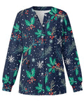 Christmas Holly Womens Snap Front Scrub Jacket In Stretch Fabric Long Sleeve Medical Uniform with festive holly print
