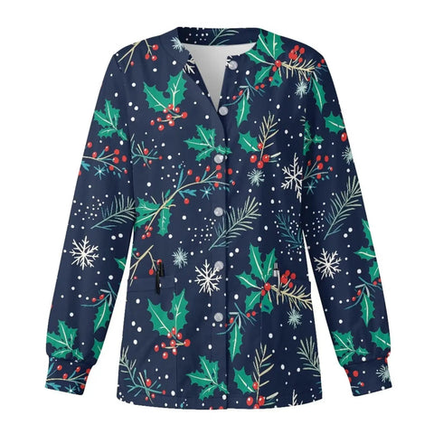 Christmas Holly Womens Snap Front Scrub Jacket In Stretch Fabric Long Sleeve Medical Uniform with festive holly print
