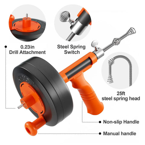 Twenty Five Foot Flexible Steel Drain Auger With Drill Adapter For Shower And Tub Unclogging Of Hair And Grease Built Like A Tank with drill attachment.