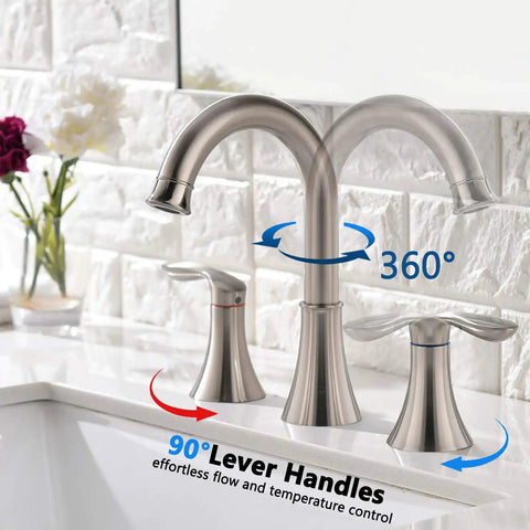 Widespread 8 Inch Bathroom Faucet Set With Two Handles And Swivel Spout, 3 Hole Mount, Brushed Nickel Finish displayed on sink