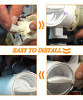 Washer drain pump assembly, white plastic, shown in front, side, and connector close-up/install views.