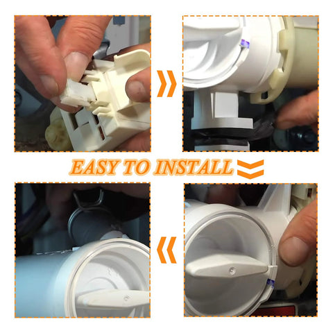 Washer drain pump assembly, white plastic, shown in front, side, and connector close-up/install views.