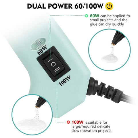 60-100W Hot Glue Gun Full Size Dual Power High Temp Melt Glue Gun Kit in green with dual-mode switch and glue dripping