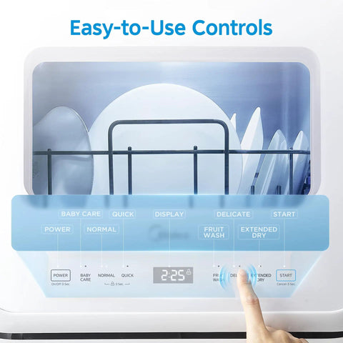 Self Contained Countertop Dishwasher With Built In Water Tank And Gentle Baby Care Mode control panel with easy-to-use buttons.