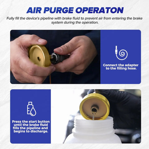 Hands connecting adapter to hose for F109 Automatic Brake Bleeder Kit With Electric Brake Fluid Exchanger setup