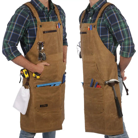 Kickass Heavy Duty Waxed Canvas Woodworking Apron For Men Featuring Boss Level Pocket Layout, dual hammer loops and tool pockets.