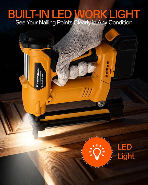 Premium Three In One Cordless Brad Nailer Featuring Zero Hassle Setup And Lightning Quick Firing Actions with built-in LED work light.