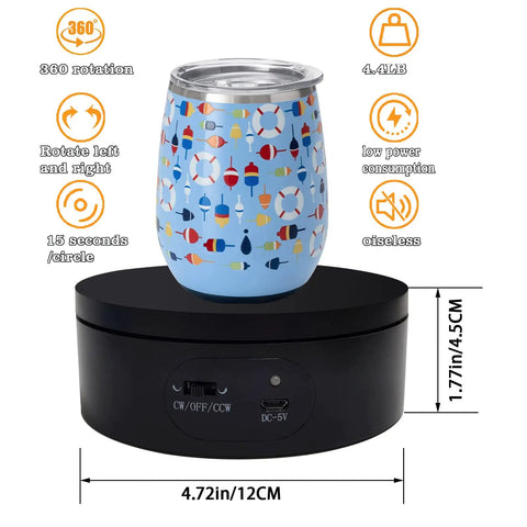 Black Motorized Rotating Display Stand, 360 Degree Automatic Silent Turntable For Epoxy Glitter Tumblers And Cups with colorful tumbler.