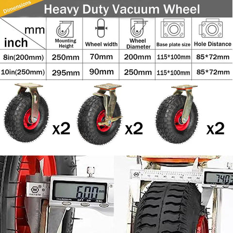 Set Of Two Heavy Duty Pneumatic Rubber Swivel Casters With Safety Brakes Roll Smooth And Crush 300Kg Loads Quietly For Shop Garage Warehouse Jobs Built Tough The Daily Grind dimensions showing wheel sizes and measurements.