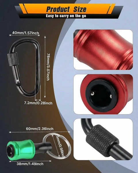 Six Piece One Quarter Inch Hex Shank Drill Bit Holder Keychain with Push to Unlock Aluminum Alloy Body, product size diagram
