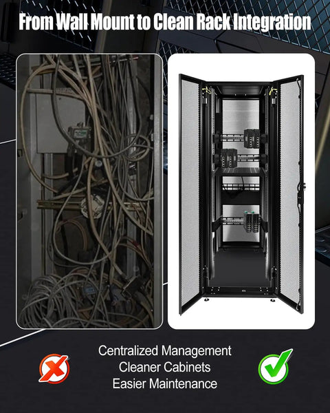 Heavy Duty 19 Inch Rack Mount DIN Rail Kit With 2U Adjustable Depth Bracket installed in rack cabinet setup
