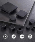 12 Pack 19mm Square Plastic Plugs End Caps For Square Tubing Black 19mm X 19mm Fit For Tubing With Inside Diameter 0.50 To 0.69 Inches Three Quarter Inch Durable Replacement Seals For DIY Furniture Projects displayed on slate surface.