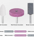 Three abrasive mounted stone grinding bits comparison: white corundum, red chrome corundum, brown corundum with shanks.