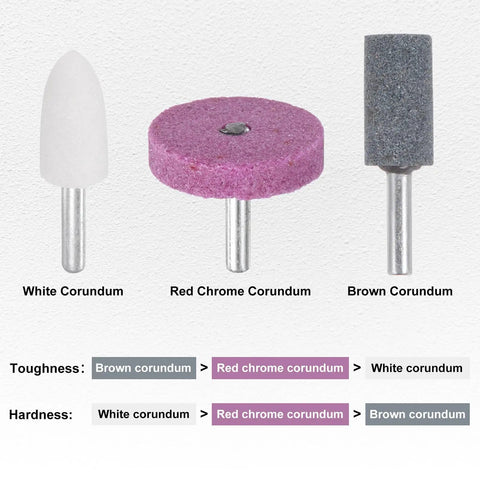 Three abrasive mounted stone grinding bits comparison: white corundum, red chrome corundum, brown corundum with shanks.