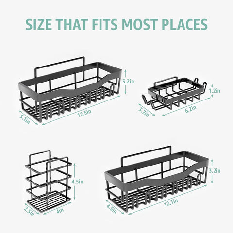 Stick On Shower Caddy Set Five Pack For Rustproof Stainless Steel No Drill Bathroom Organization With Large Capacity Shelves Waterproof Storage Racks For Shower Kitchen Dorm Apartment And Home displayed with measurements