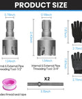 Heavy Duty PVC Pipe Threader Kit For 1/2 Inch And 3/4 Inch Plastic Pipes size chart showing tools and accessories measurements.