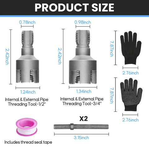 Heavy Duty PVC Pipe Threader Kit For 1/2 Inch And 3/4 Inch Plastic Pipes size chart showing tools and accessories measurements.