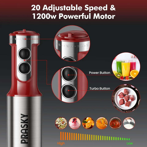 Heavy Duty Immersion Blender Handheld 20 Speed 5 In 1 Kitchen Mixer with power and turbo buttons for smoothies and soups.