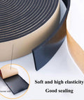 Dope Foam Rubber Seal Strip With Super Strong Self-Adhesive Backing, 10M Length shown coiled on a surface with adhesive backing exposed.