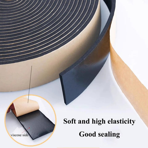 Dope Foam Rubber Seal Strip With Super Strong Self-Adhesive Backing, 10M Length shown coiled on a surface with adhesive backing exposed.