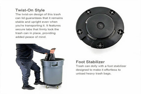 Heavy Duty Trash Can Dolly With Five Casters And Foot Stabilizer Plastic Utility Cart That Fits 20 To 55 Gallon Brute Containers Supports Up To 460 Lb Durable Black Finish For Easy Transport, black twist-on top view with foot stabilizer