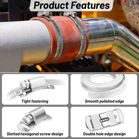 Heavy Duty Adjustable Hose Clamp Kit 304 Stainless Steel Band 14.7 Ft Duct Strapping With Holes And 10 Strong Fasteners on pipe
