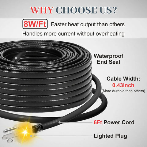 Gutter Heating Cable For Roof Snow Melting With Self Regulating Technology And Lighted Plug 100 Feet Of Heating Cable 120 Volt