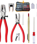 Glass Cutter Tool Set With 8 Inch Running Pliers And 6 Inch Breaker Pliers For Glass Cutting Curved Jaws Stained Glass Projects Zipper Bag Replacement Blades And Cross Screwdriver visible with tools and accessories displayed.