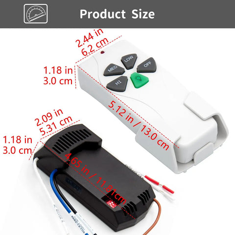 Universal Ceiling Fan Remote Control Kit With 3 Speed Fan And Light Dimmer Receiver FAN28R Replacement shown with dimensions