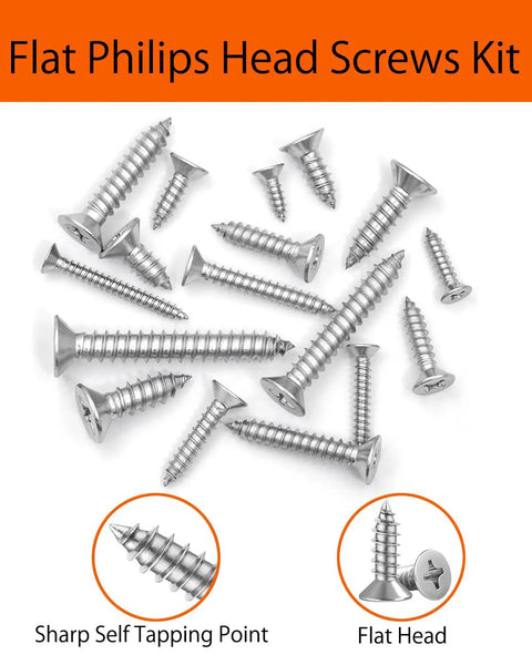 Straight Up Hella Durable 200 Pack Flat Head Self Tapping Stainless Steel Screws Low Profile Countersunk Design For Thin Boards Includes Kickass Ph00 Driver Bit And Handy Storage Case For Quick Fix Ups, showcasing various flat head screws.