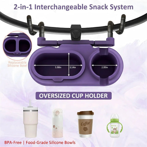 3 In 1 Modular Stroller Snack Tray With Universal Fit Dual Lock Attachment For Strollers showing silicone bowls and cup holder
