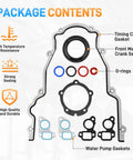 Package contents of Timing Cover Gasket Seal Kit For GM LS Engine Family showing gaskets, O-rings, and seals.