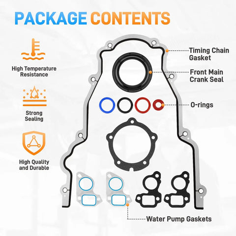 Package contents of Timing Cover Gasket Seal Kit For GM LS Engine Family showing gaskets, O-rings, and seals.
