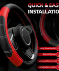 Fresh Red Six Piece Car Accessories Set Includes Universal 14.5 Inch Microfiber Leather Steering Wheel Cover showing grip and installation.