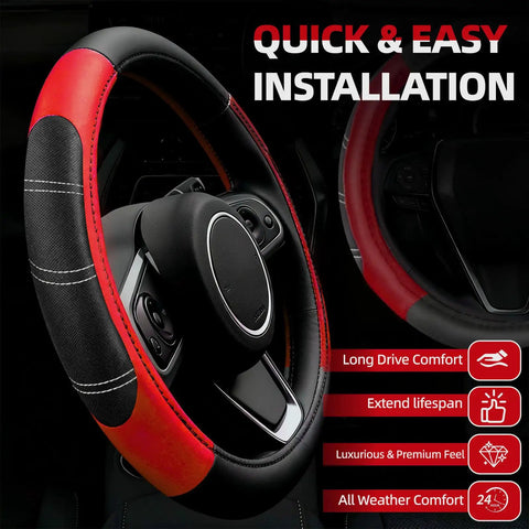Fresh Red Six Piece Car Accessories Set Includes Universal 14.5 Inch Microfiber Leather Steering Wheel Cover showing grip and installation.