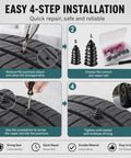 Rock Solid Mushroom Tire Repair Kit With Steel Puller Tool And Compact Carry Case For Cars Trucks Scooters And Electric Bikes No Sweat Roadside Puncture Patch Jobs installation steps showing tire puncture repair process.