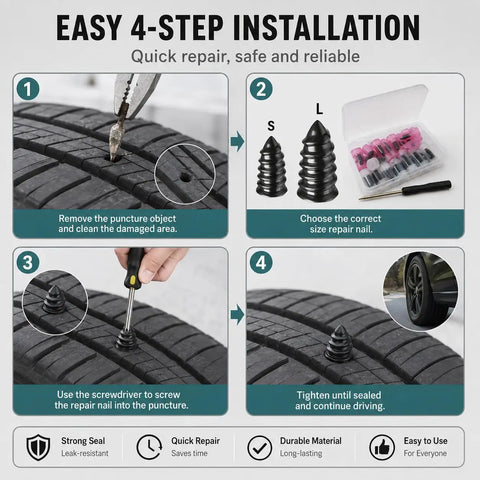 Rock Solid Mushroom Tire Repair Kit With Steel Puller Tool And Compact Carry Case For Cars Trucks Scooters And Electric Bikes No Sweat Roadside Puncture Patch Jobs installation steps showing tire puncture repair process.